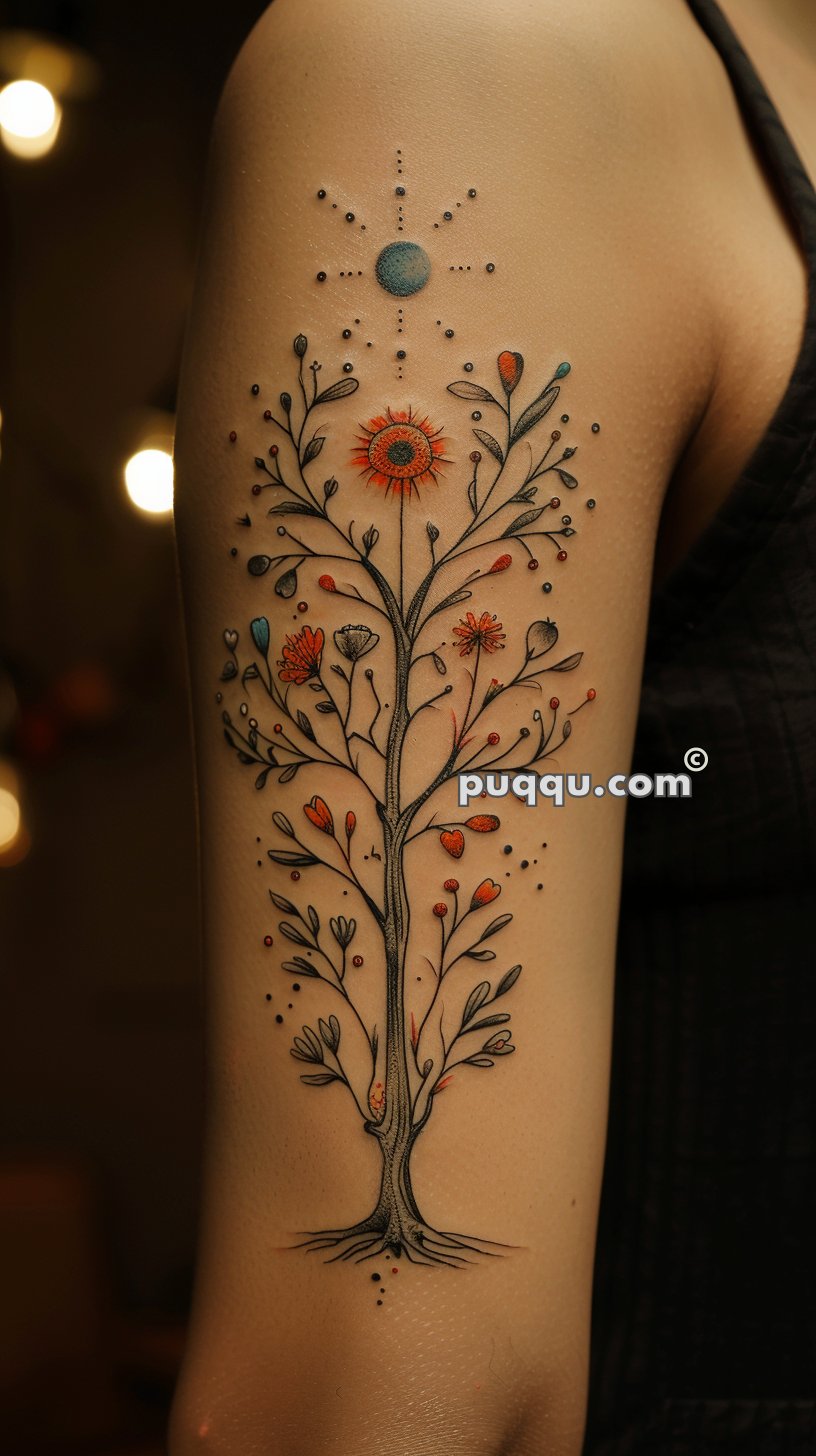 Tattoo of a stylized tree with branches and leaves on an upper arm, featuring colorful flowers and a celestial element at the top.