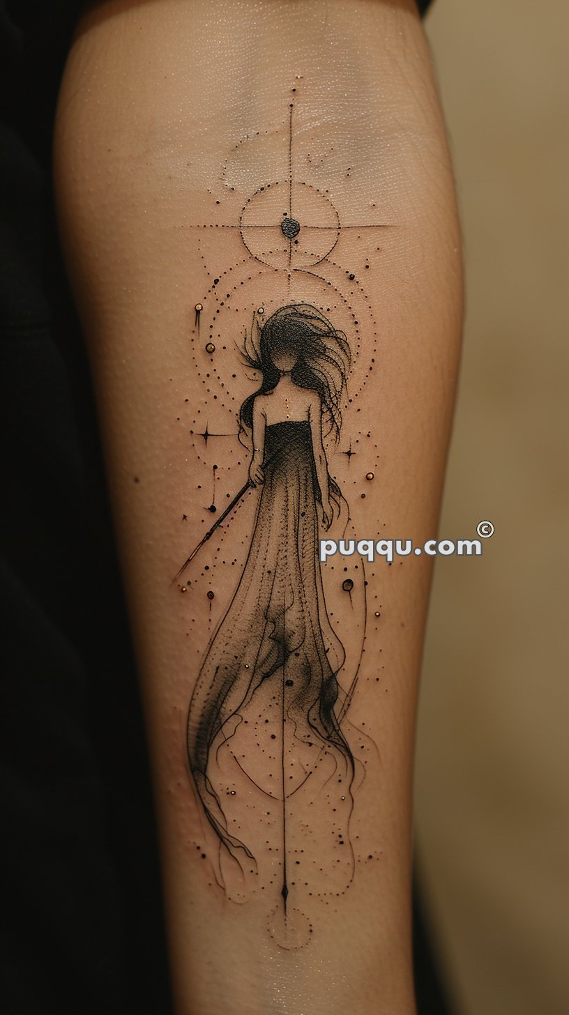 Tattoo of a mystical, long-haired figure in a flowing dress with geometric and dot elements surrounding it.