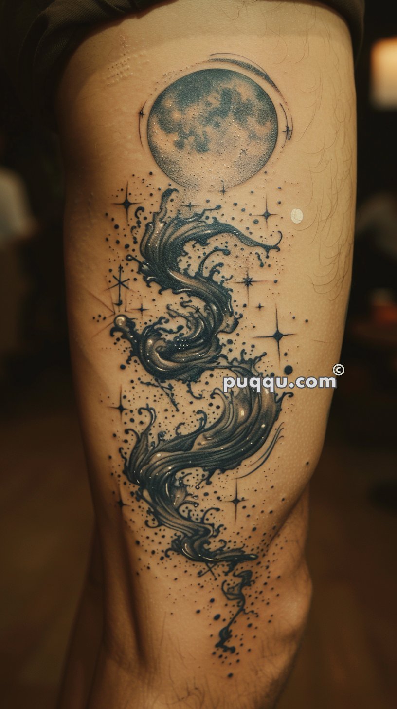 Tattoo on thigh featuring a large moon above swirling waves and stars.