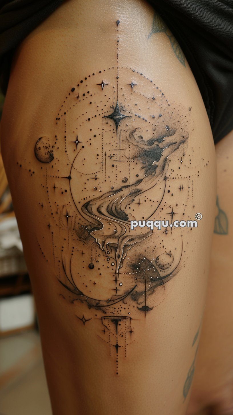 Detailed geometric and cosmic-themed tattoo on skin, featuring planets, stars, and abstract shapes, combining dot work and fine lines.