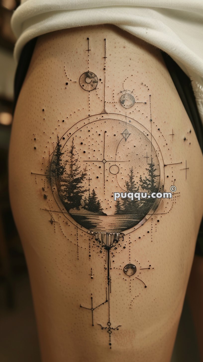 Tattoo of a circular forest landscape with intricate geometric and dotwork elements on the upper thigh.