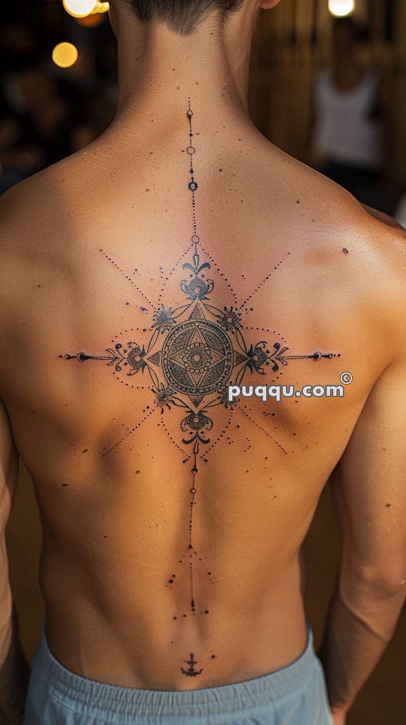 Person with a detailed symmetrical tattoo on their upper back, showcasing intricate geometric and decorative patterns radiating from a central point.