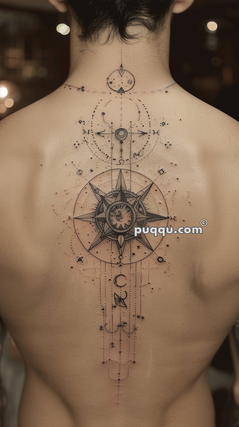 Detailed geometric tattoo with celestial and astrological elements on a person's back.