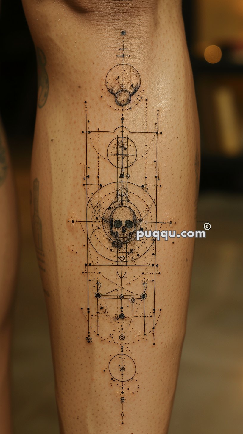 Tattoo of a geometric design with a central skull, intersecting lines, circles, and abstract elements on the skin.