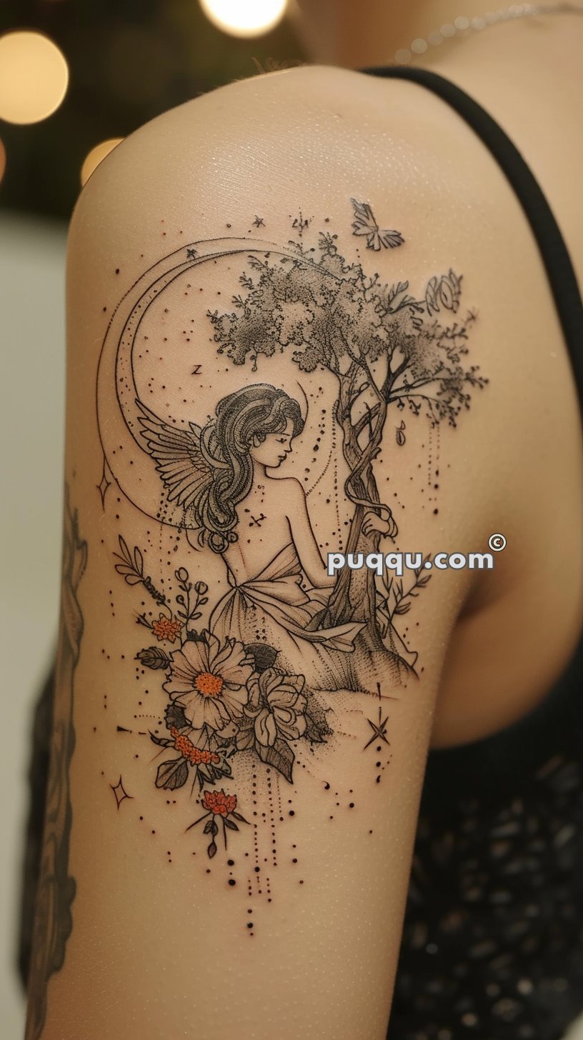 Tattoo of a seated fairy with wings, under a tree, with flowers and butterflies surrounding her. The background includes a crescent moon and stars, on a person's shoulder blade.