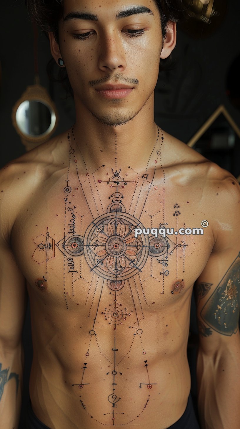 Person with elaborate geometric and dotwork tattoo on chest and arms.