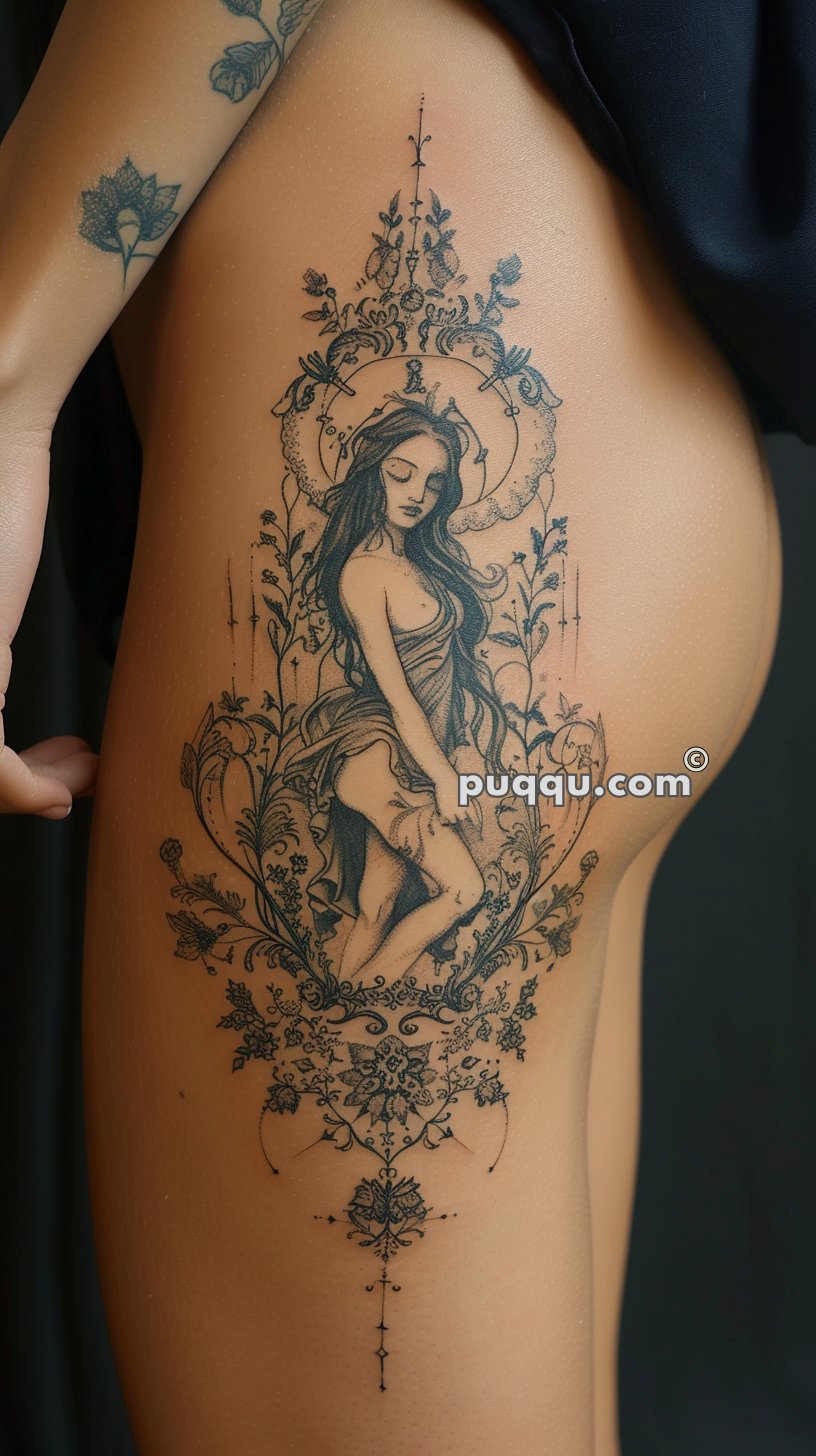 Intricate tattoo featuring a goddess-like figure surrounded by ornate floral and decorative elements on a person's thigh.