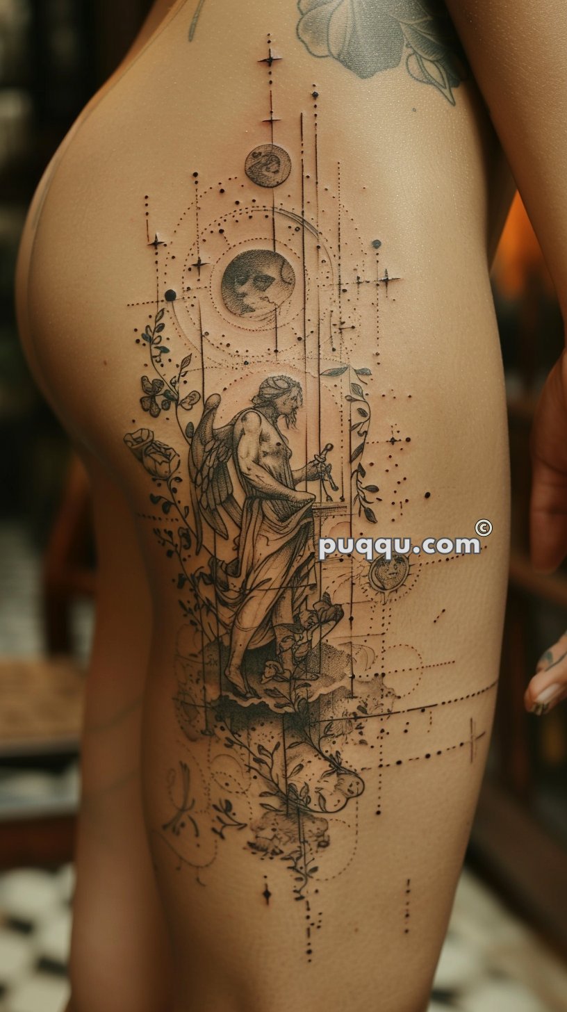 Tattoo of an angel with wings and a detailed geometric design on a person's hip.