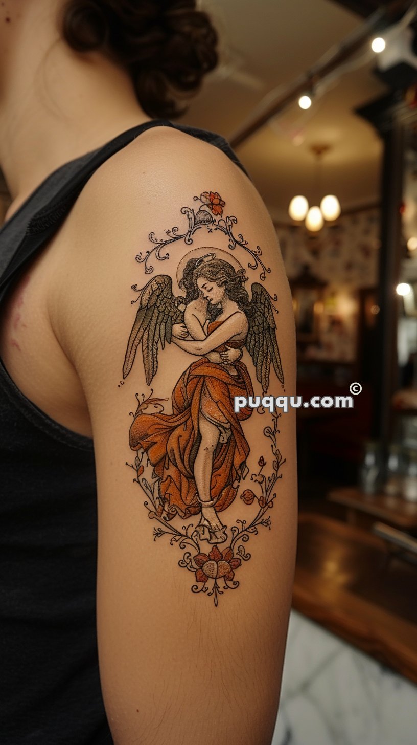 Tattoo of an angel with wings and an orange dress on a person's upper arm.