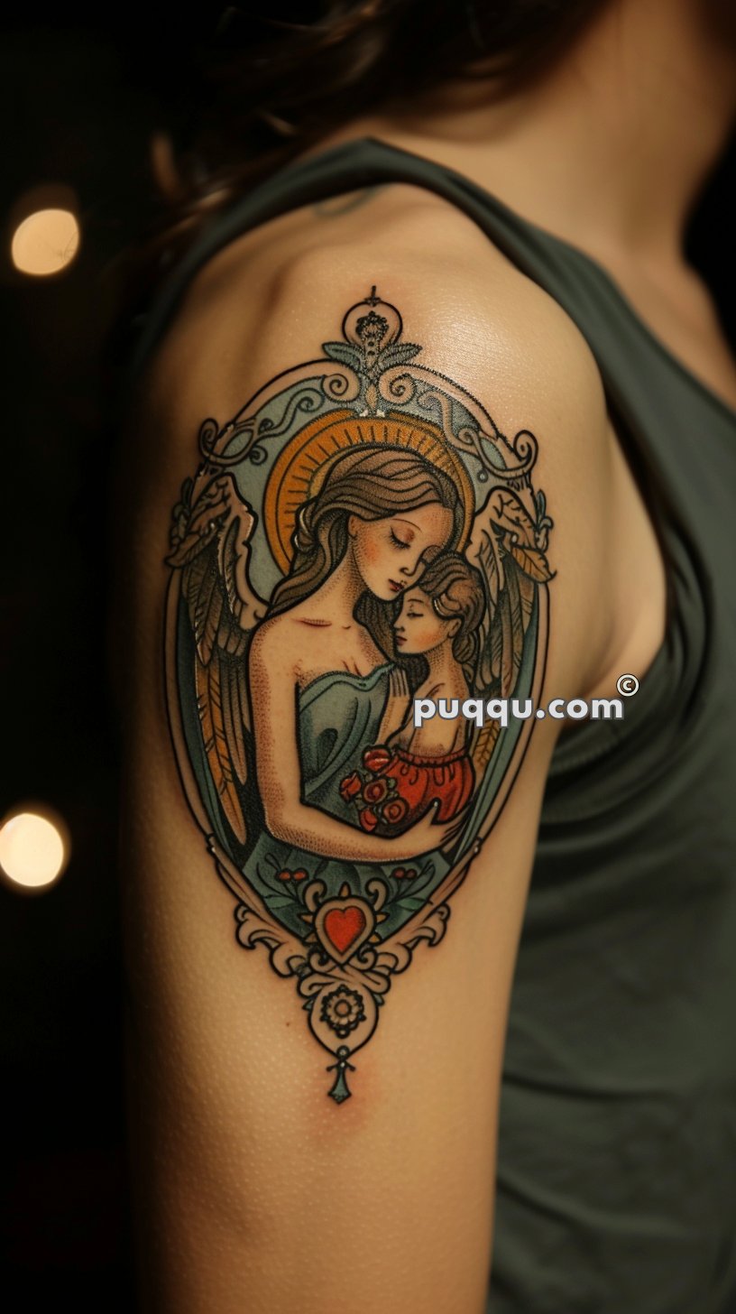 A detailed tattoo on an upper arm depicting an angelic figure holding a child, surrounded by ornate decorative elements and a glowing halo.