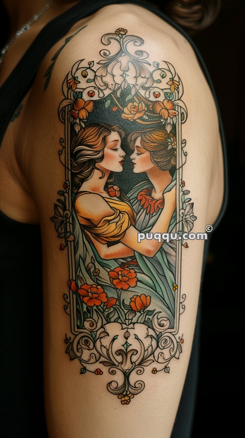 Ornate tattoo on arm depicting two women in an art nouveau style, surrounded by floral and decorative elements.