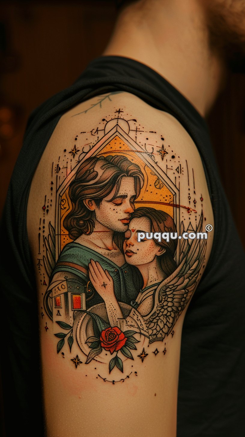 Tattoo of a man and woman embracing, with angel wings on his arm, adorned with a red rose and geometric designs in the background.