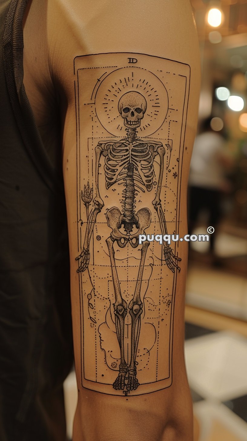 Tattoo of a human skeleton within a rectangular frame on an upper arm.