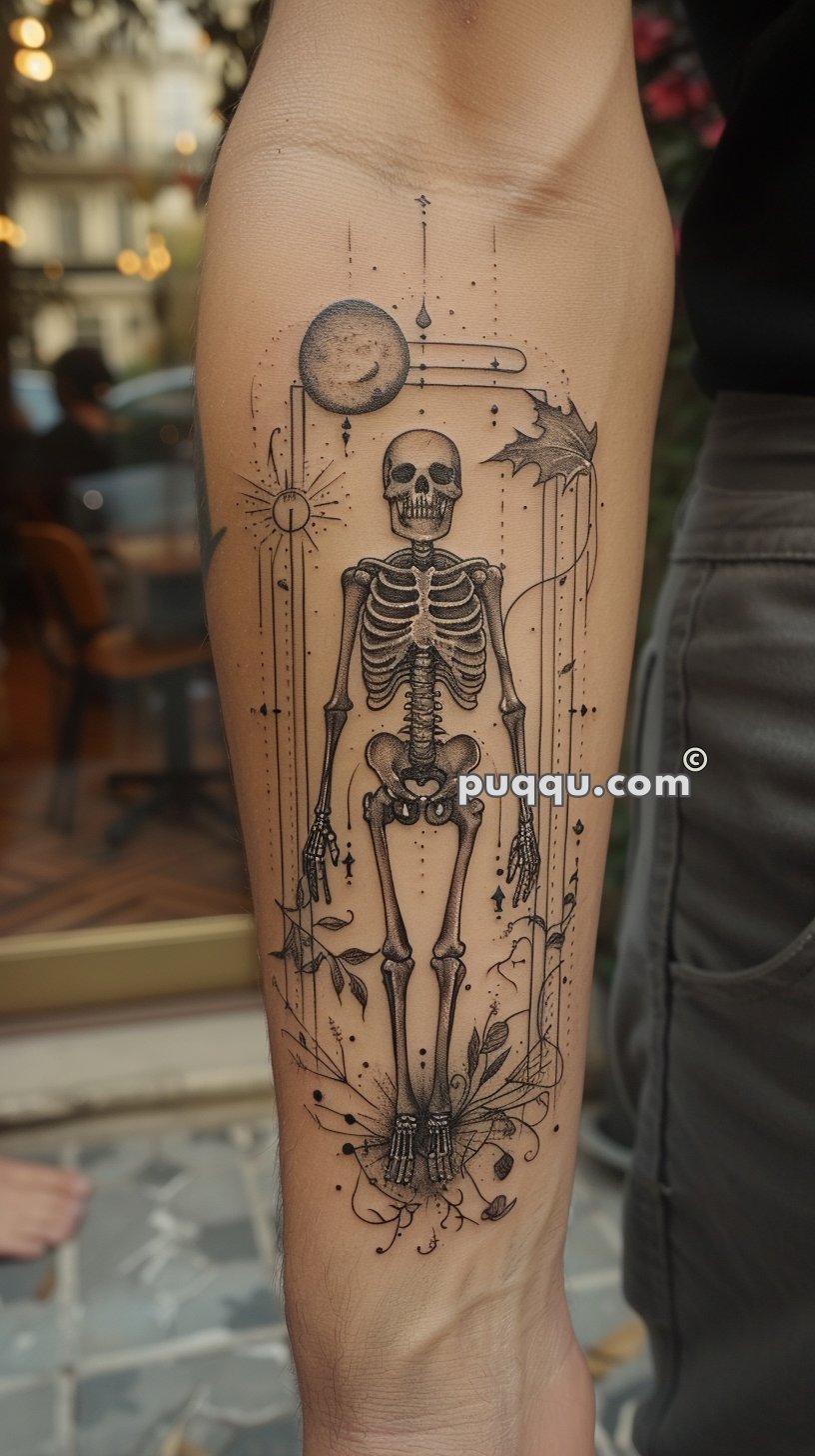 Detailed skeleton tattoo with celestial elements, including the moon, stars, and abstract designs, on a person's forearm.