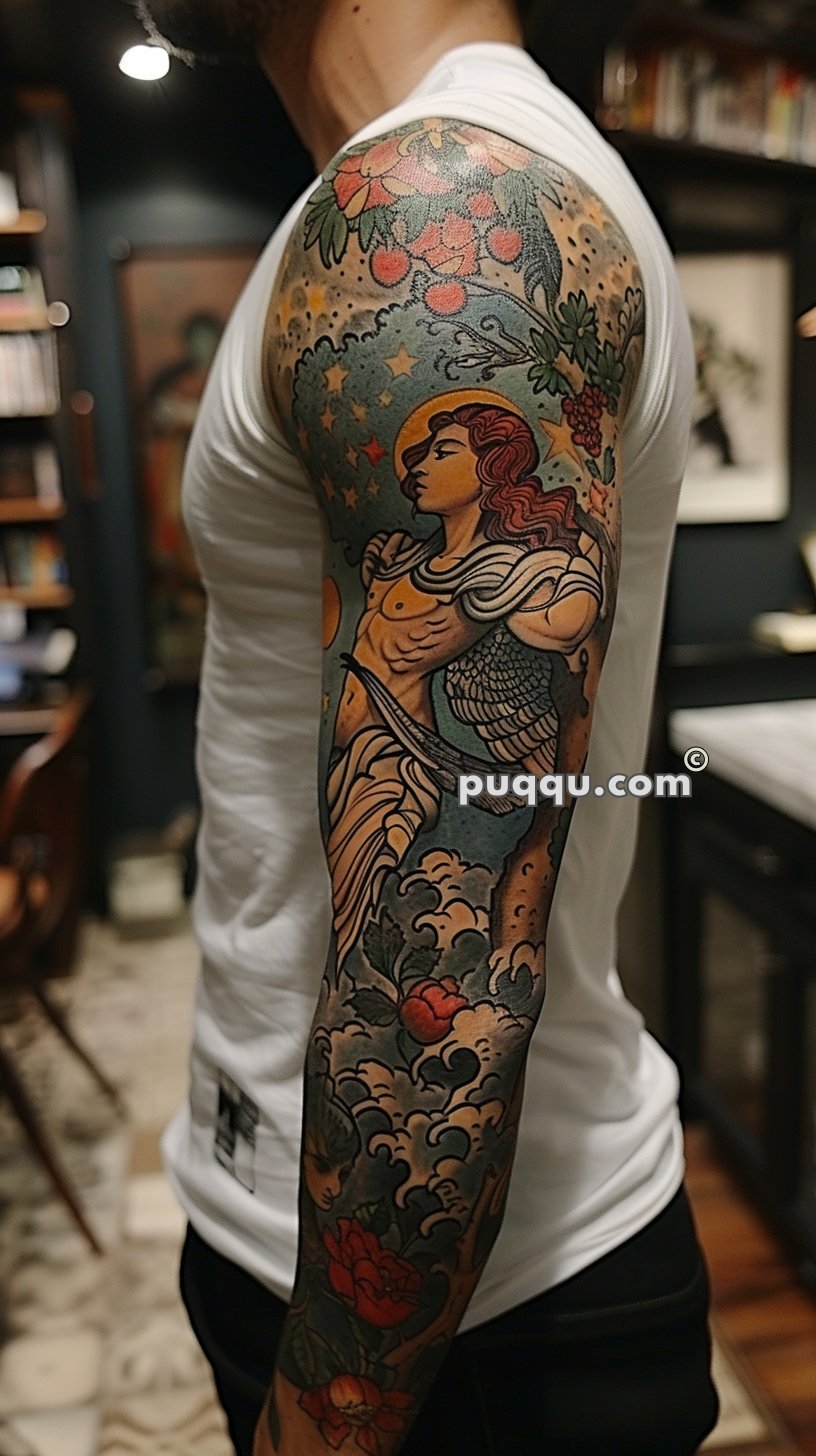 Person with a colorful sleeve tattoo featuring a warrior woman with armor and red hair surrounded by flowers and celestial elements.