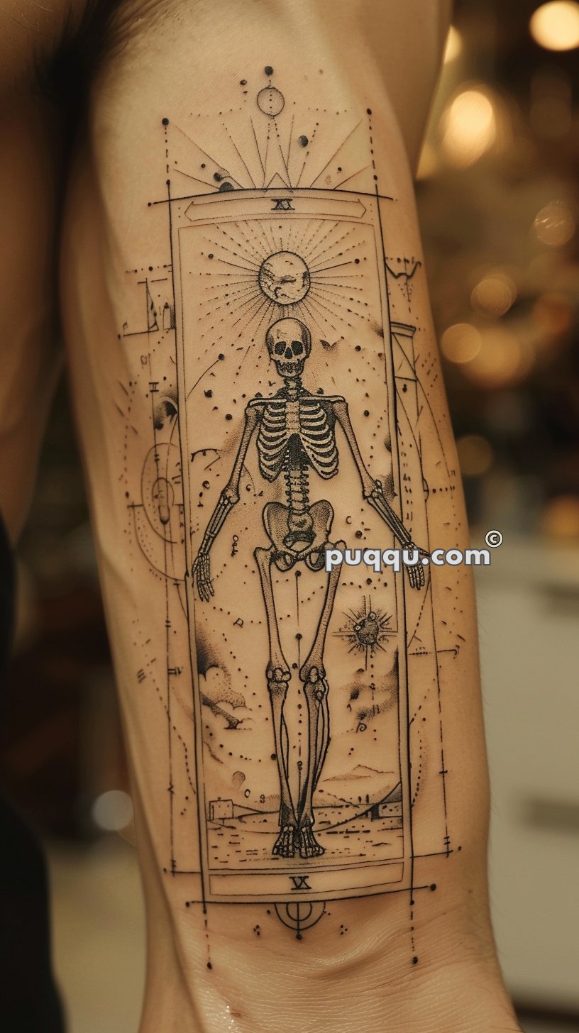 Tattoo of a skeleton with intricate geometrical and celestial designs on an arm.