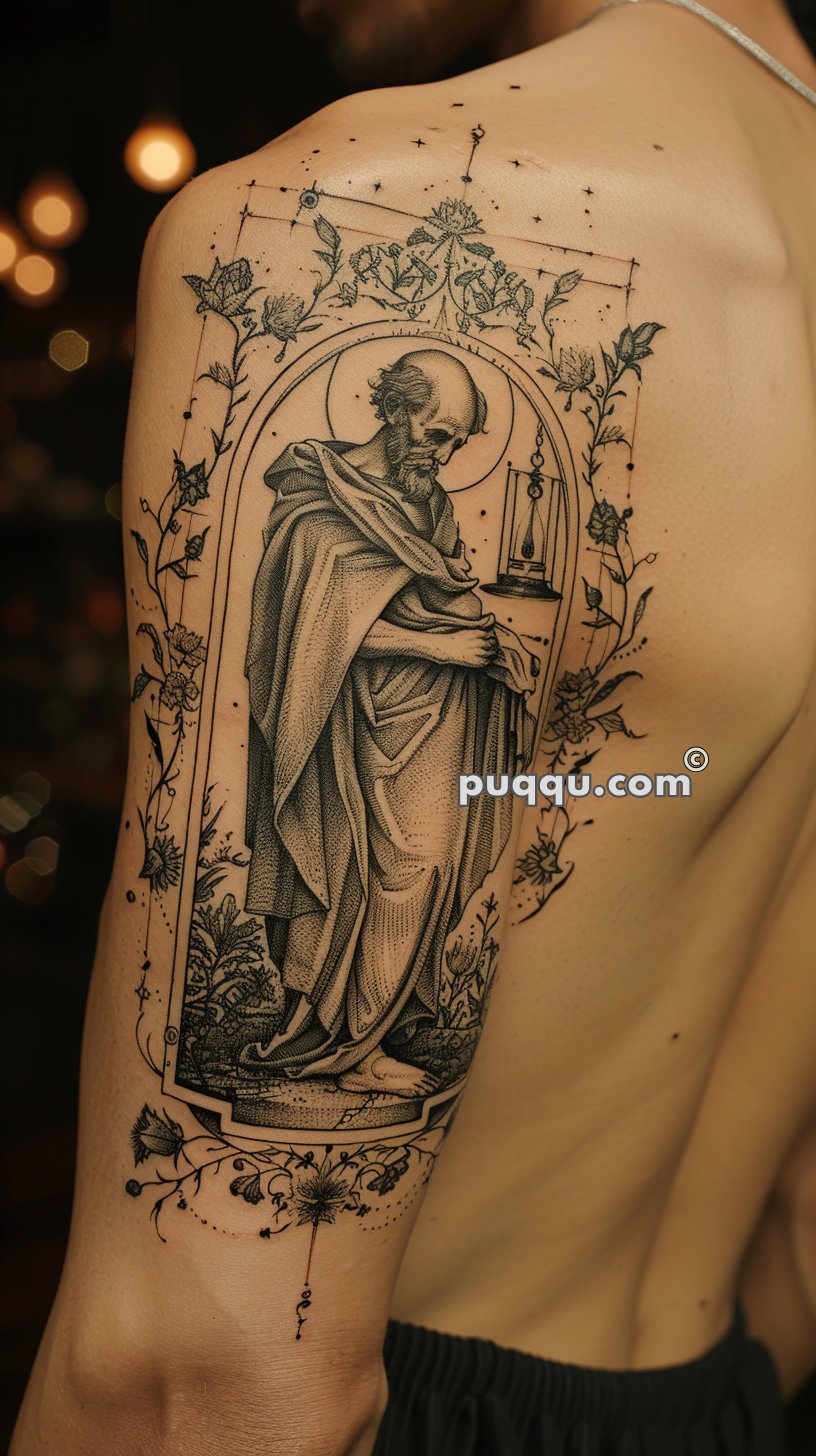 Tattoo of a robed figure holding scales, surrounded by intricate floral and geometric designs, on a person's upper arm and shoulder.