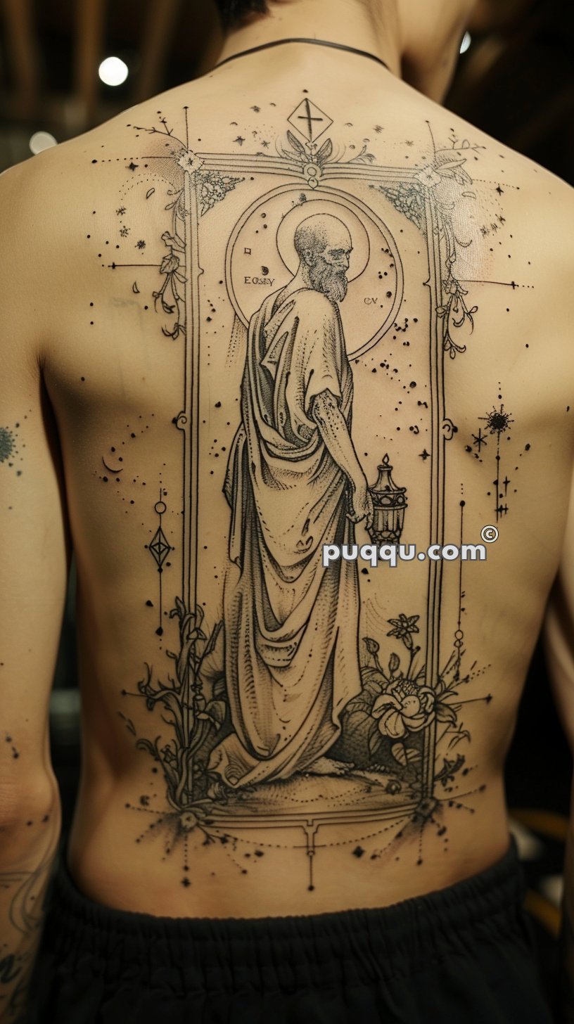 Person with a detailed tattoo on their back depicting a robed figure in an ornate frame, surrounded by floral and geometric designs.