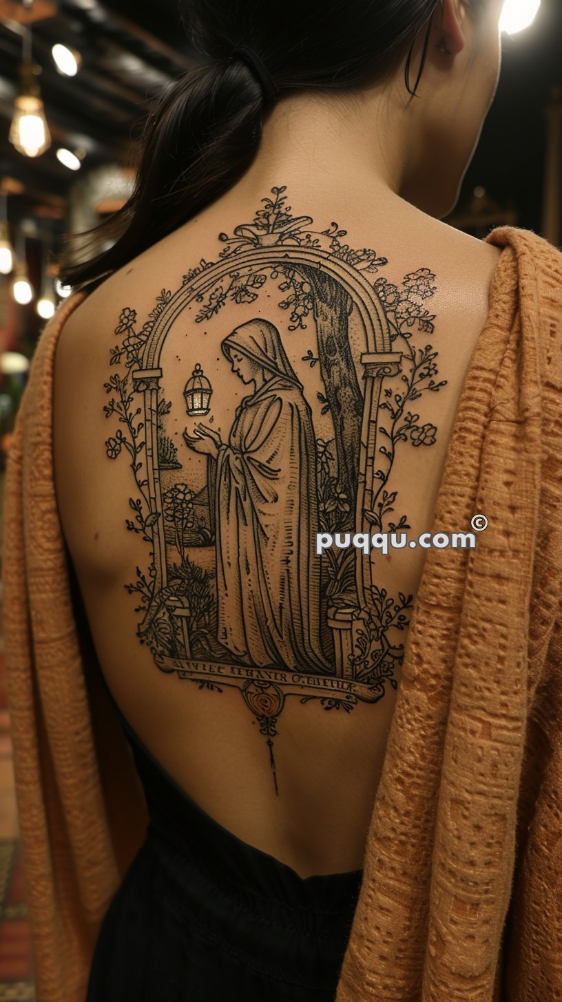 Intricate black tattoo on a woman's back depicting a robed figure holding a lantern, surrounded by an ornate frame with floral elements and inscribed text at the bottom.