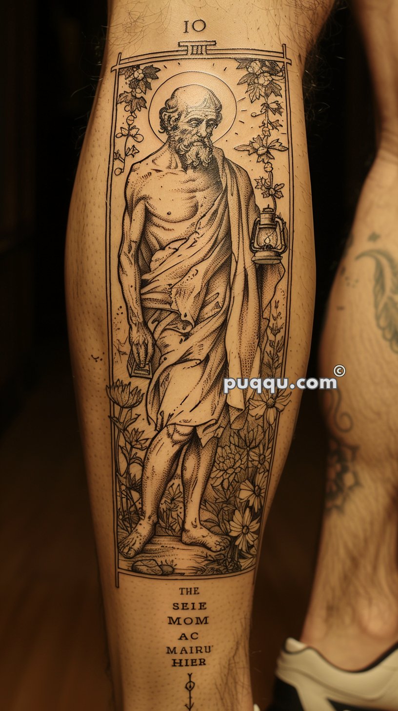 Intricate tattoo of a robed, bearded man holding a lantern, surrounded by flowers and framed by ornate lines, on the back of someone's leg.