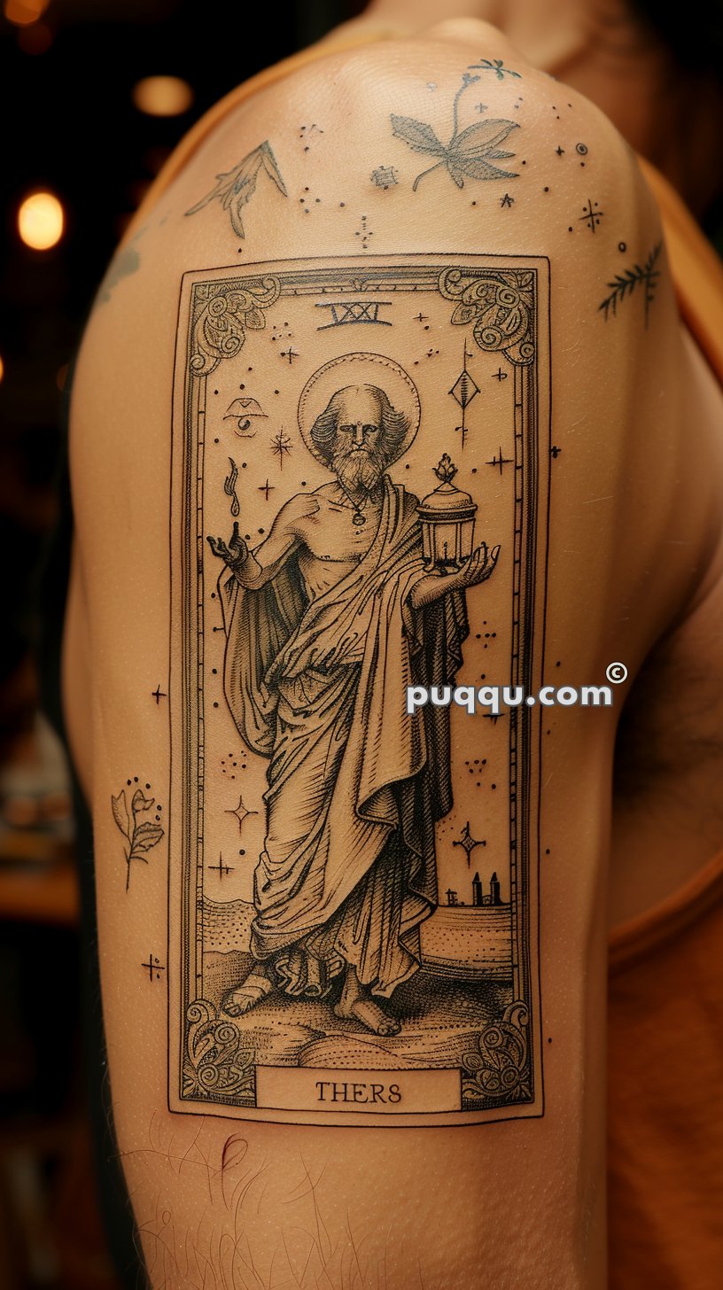 Arm tattoo depicting a robed figure holding a lantern and a cross, surrounded by celestial symbols and plants, with the text "THERS" at the bottom.