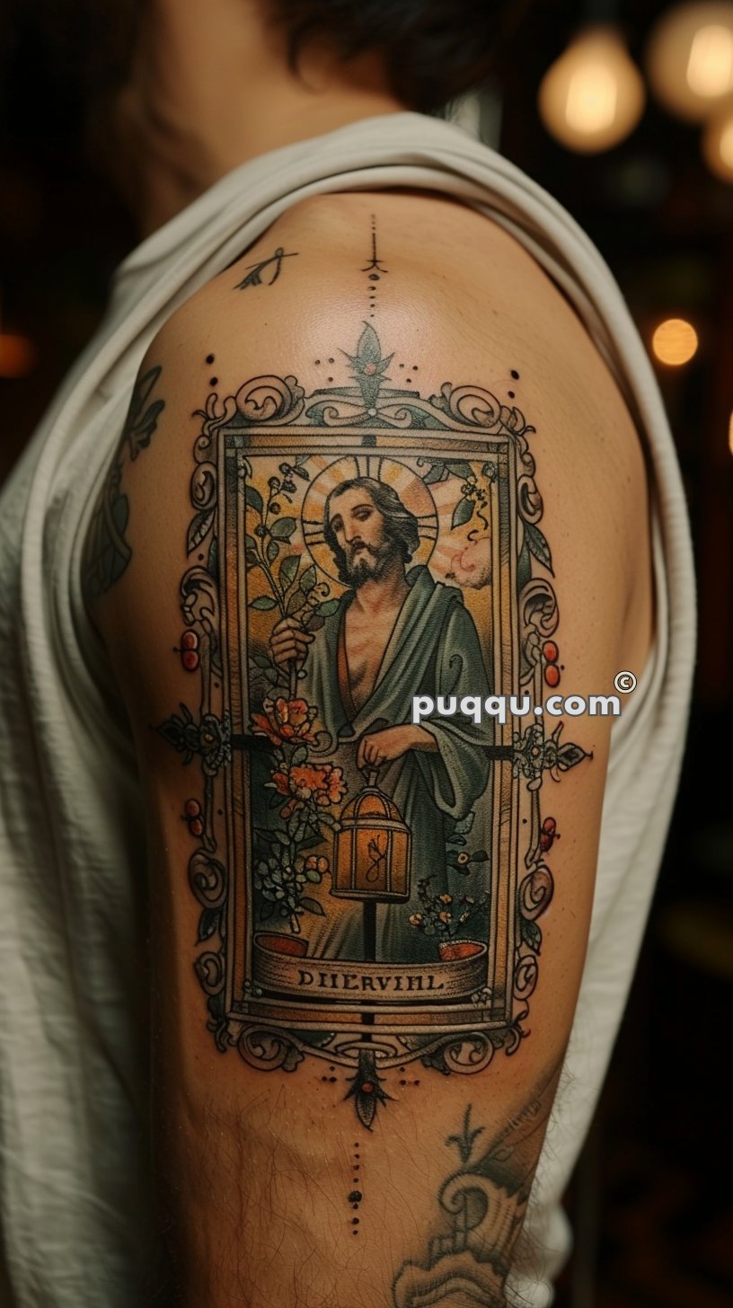 Ornate tattoo on a shoulder depicting a saint-like figure with a halo, holding flowers and a lantern, surrounded by floral designs and decorative borders.