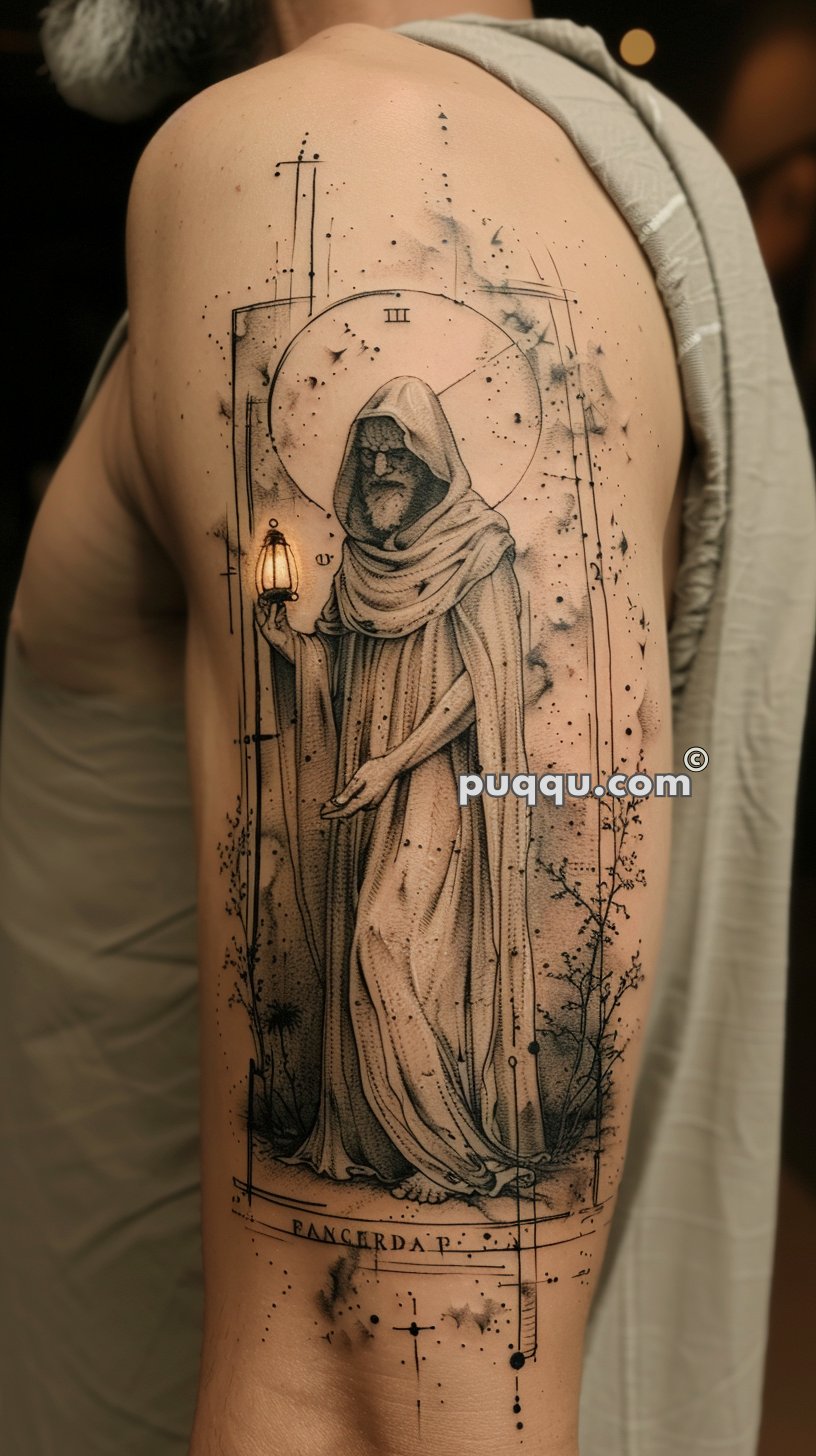 Detailed tattoo on a person's upper arm featuring a hooded figure holding a lantern, surrounded by abstract geometric and dot work elements.