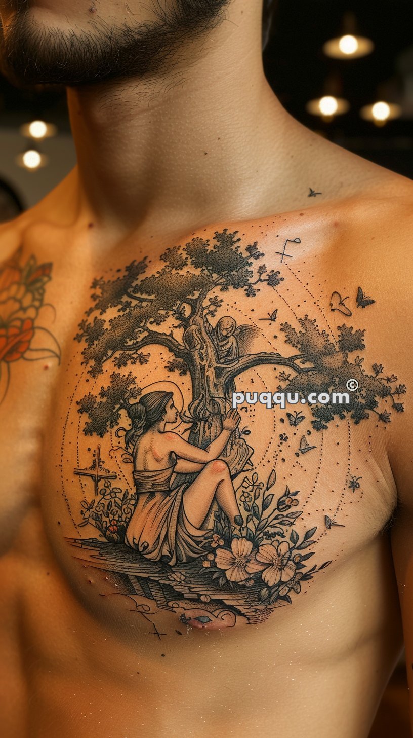 A detailed chest tattoo on a person showing a woman sitting beneath a tree, surrounded by flowers, butterflies, and a cherub perched on a tree branch.