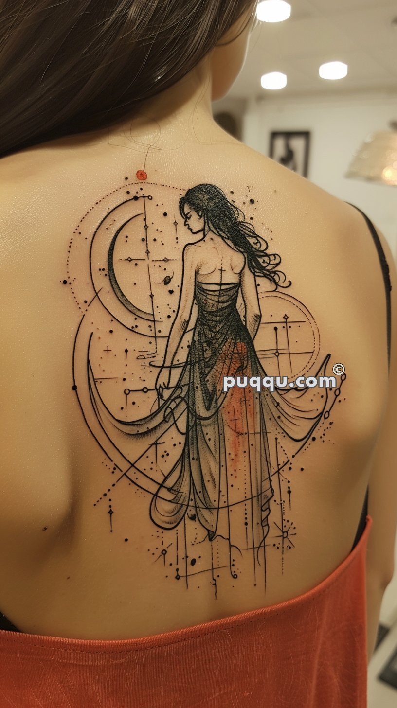 Tattoo of a woman in a flowing dress with a crescent moon and geometric patterns on someone's upper back.