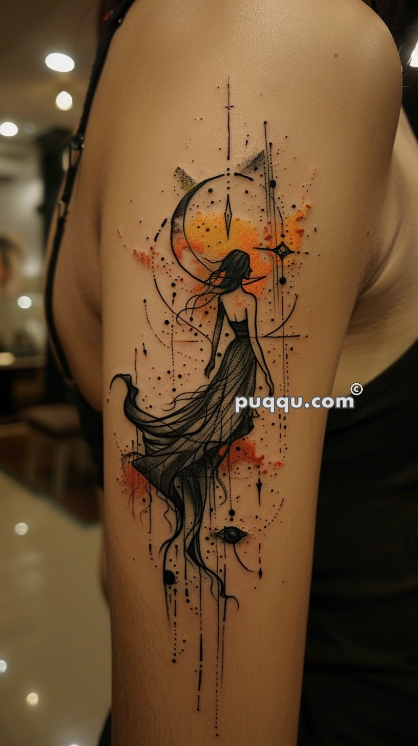 Tattoo of a woman in a flowing dress, set against an abstract crescent moon and orange watercolor background with geometric and dotted details.