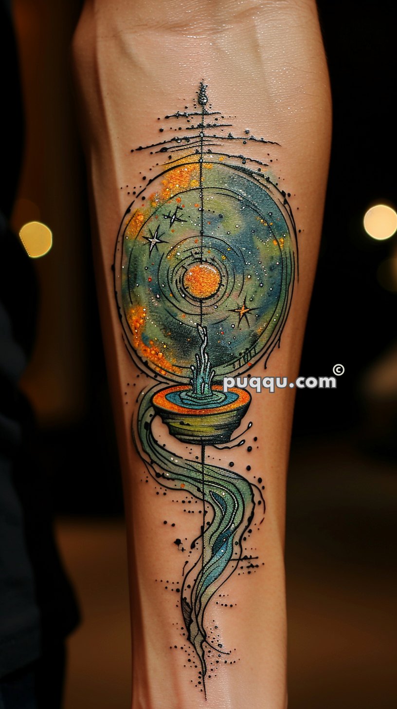 Detailed and colorful tattoo of a cosmic design with concentric circles, stars, and a central sun-like object, combined with abstract swirling elements.