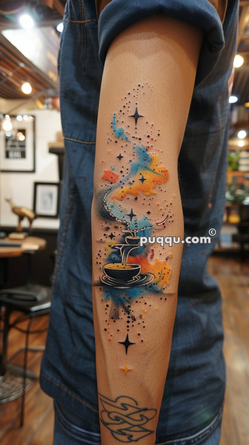 Tattoo of a steaming cup of coffee with colorful galaxy-themed smoke containing stars and cosmic elements on a person's forearm.