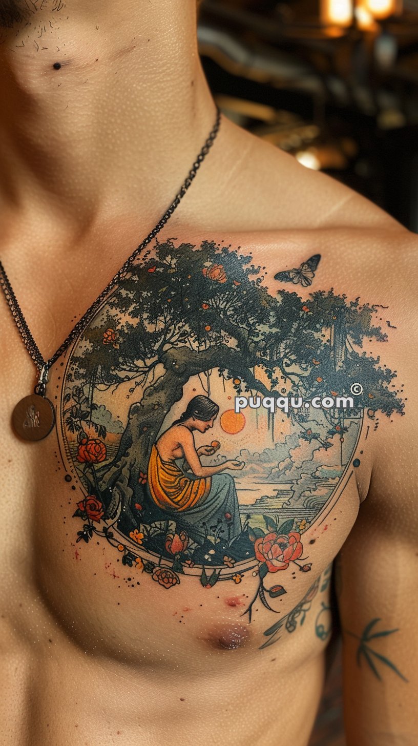 Intricate chest tattoo of a person sitting under a tree, holding a small object, with a scenic background featuring a sunset, flowers, and a butterfly.