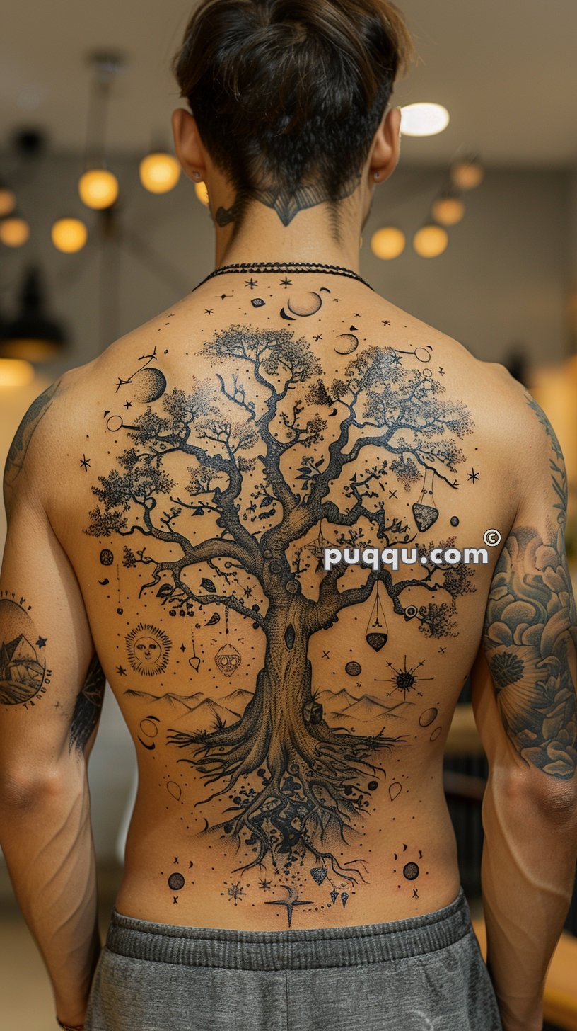 A person with a detailed tattoo of a large tree with extended branches and roots on their back, featuring various celestial elements like stars, moons, and the sun integrated into the design, standing in a dimly lit room.