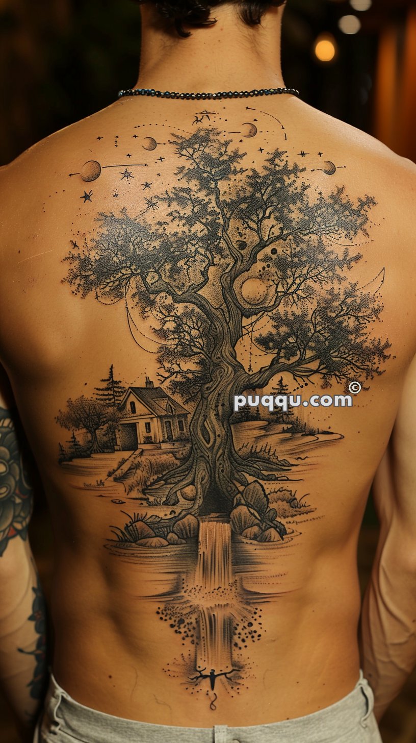 Detailed tattoo of a large tree covering the entire back, with branches extending into a starry sky and a house at the base; roots transform into a waterfall.