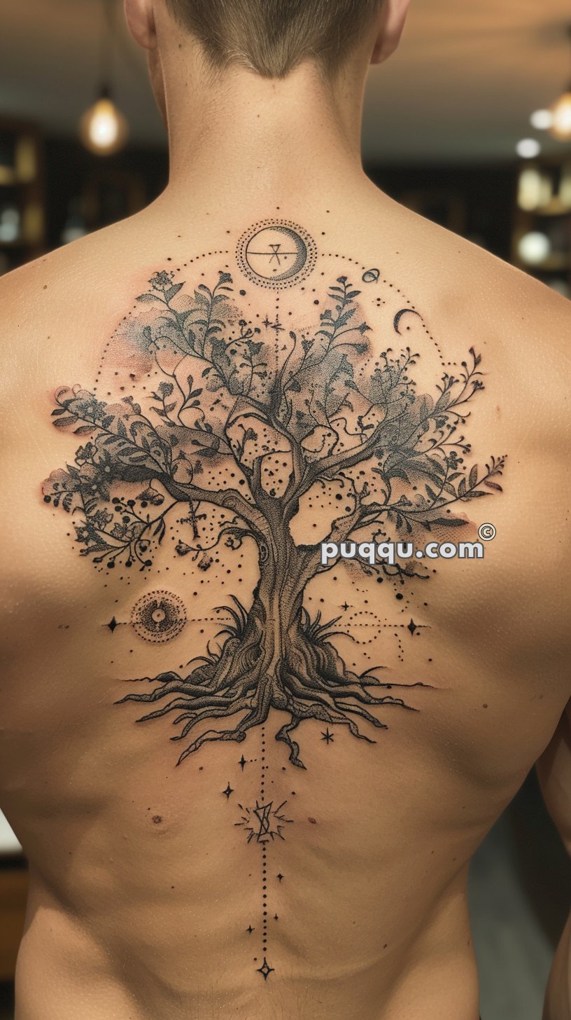 Tattoo of a large detailed tree with roots and branches extending across a person's back, featuring celestial elements like stars, moons, and geometric designs.