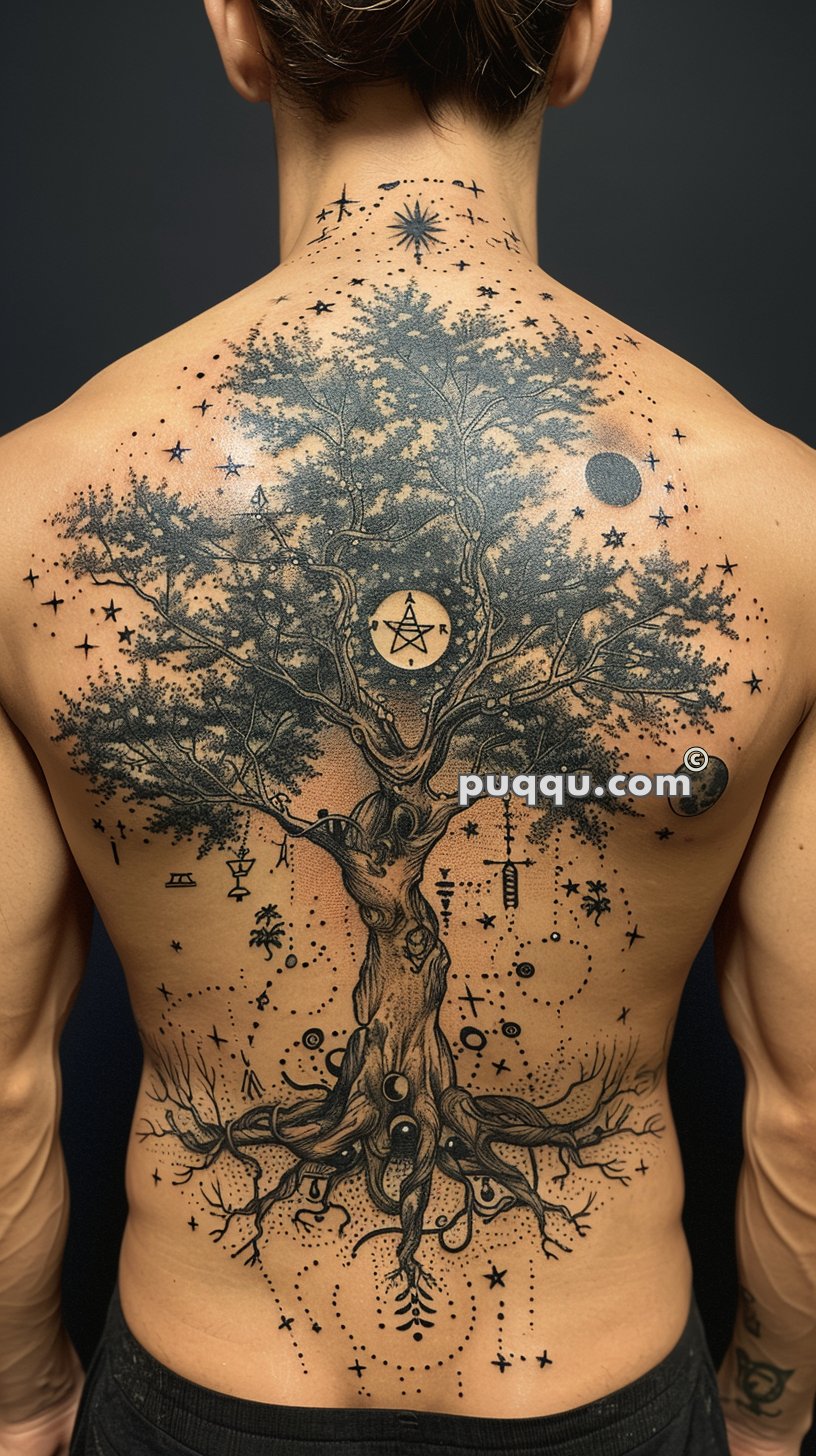 Elaborate back tattoo featuring a large tree with extensive roots and branches, surrounded by celestial symbols such as stars and planets.