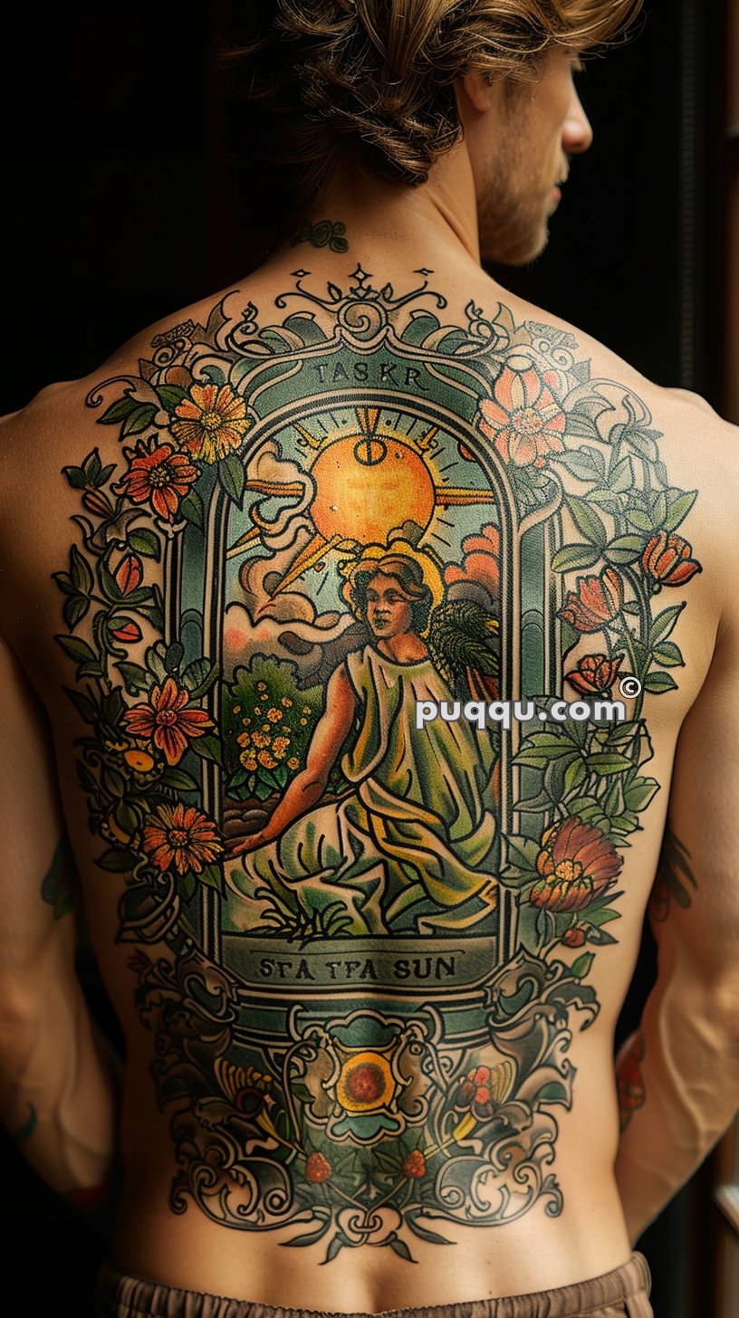 A man with a detailed, colorful full back tattoo featuring a woman in a flowing dress surrounded by floral and foliage designs, with a large sun behind her.