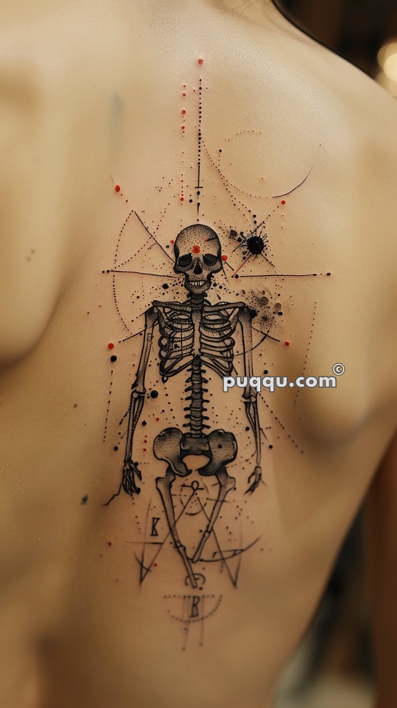 Tattoo of a detailed skeleton with geometric designs and red accents on a person's back.