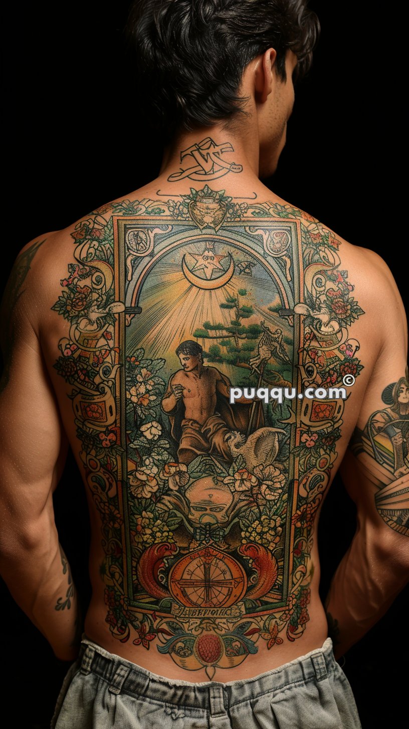 Person with an elaborate, colorful back tattoo featuring a detailed scene with flowers, intricate patterns, and a central figure sitting beneath a crescent moon and sun rays.