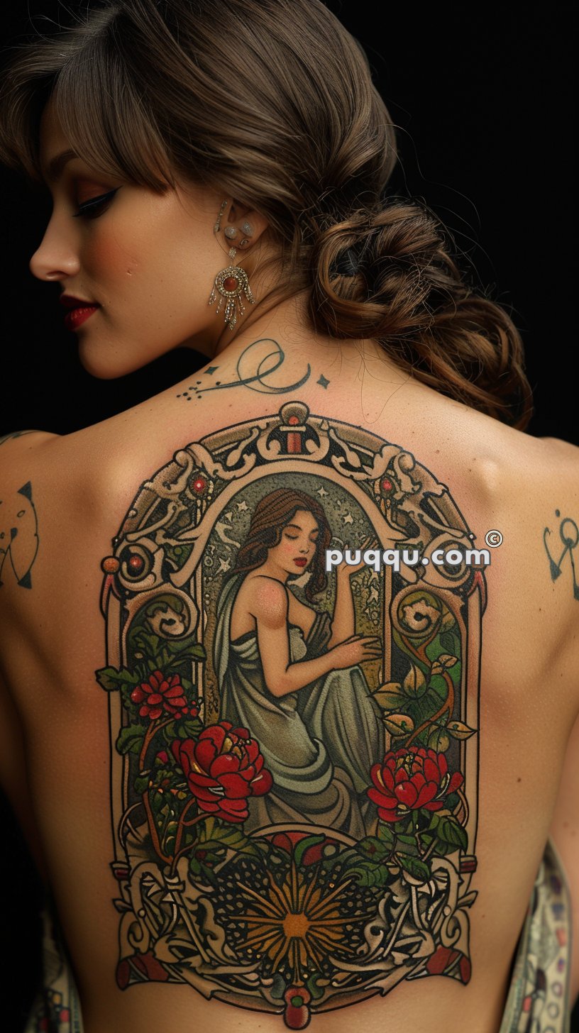 Woman with large, intricate tattoo of a woman in a flowing dress surrounded by red flowers and ornate designs on her back.