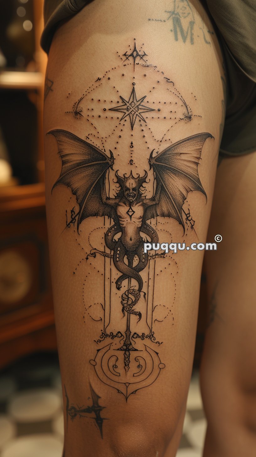 Intricate thigh tattoo featuring a winged demonic creature, geometric patterns, and detailed line work.