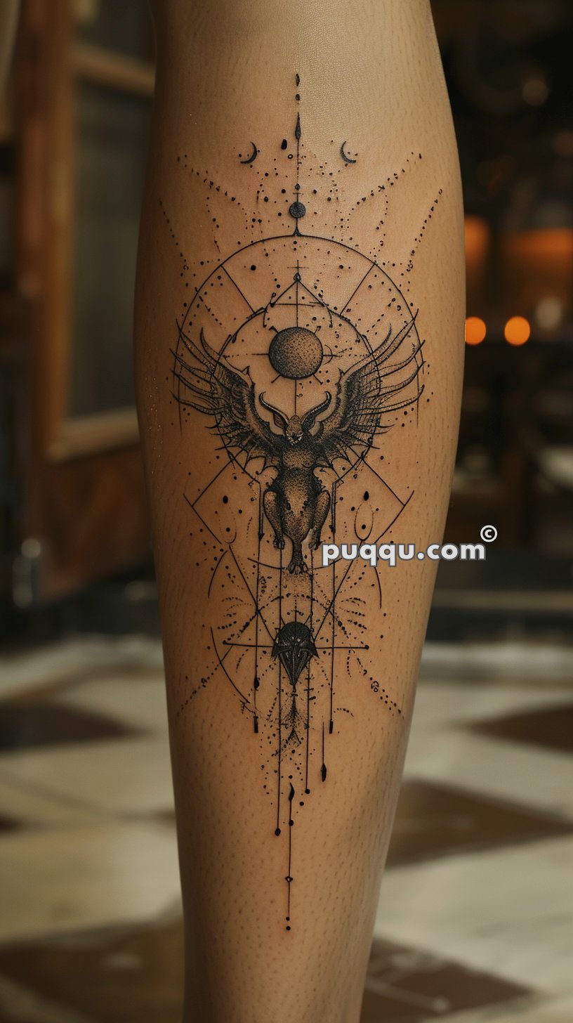 Leg tattoo featuring a geometric design with an intricate depiction of an owl and various celestial symbols.