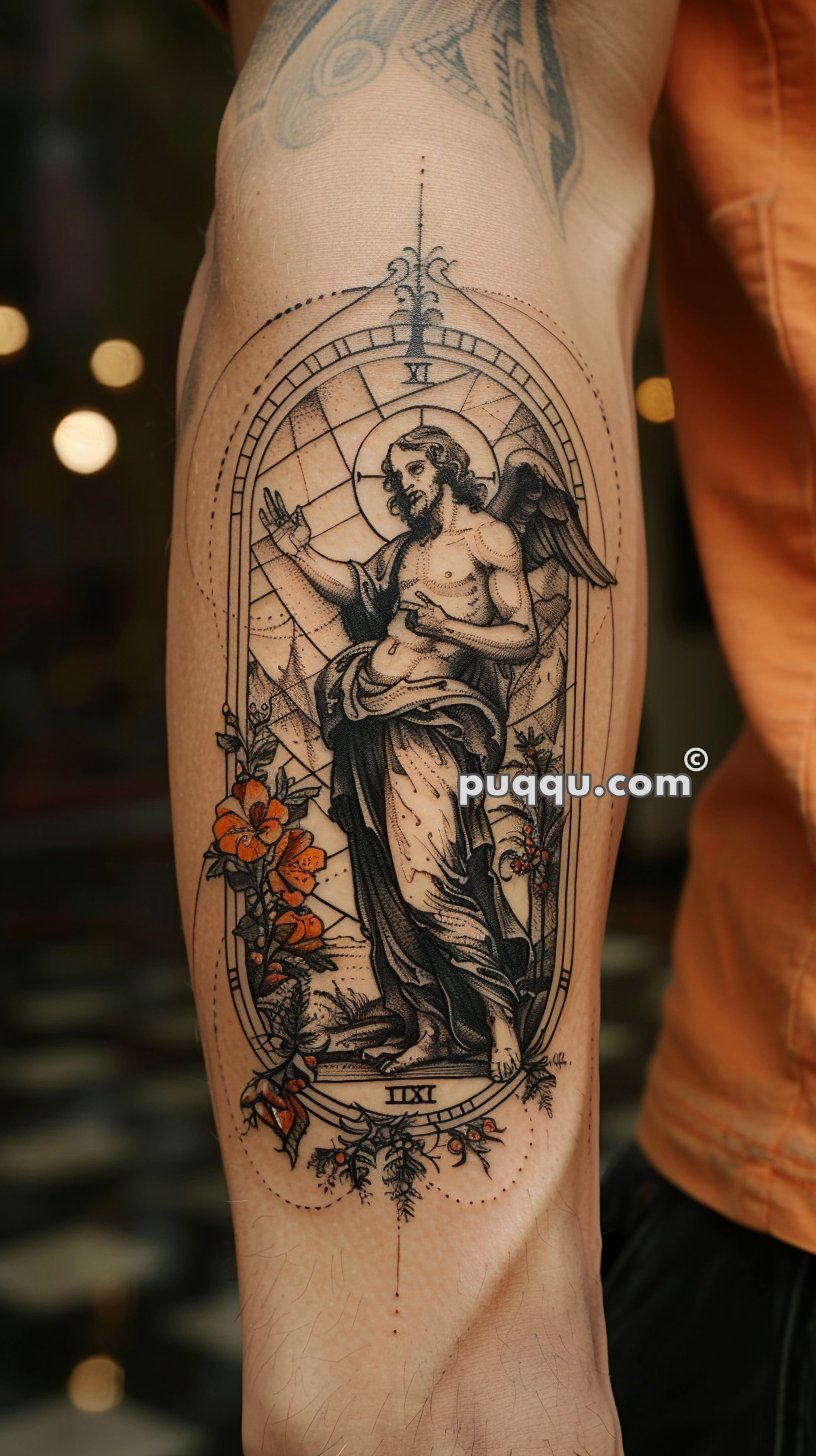 Detailed tattoo featuring an angelic figure with wings, framed in a stained glass design, accented with orange flowers and Roman numerals "VI" and "XI".