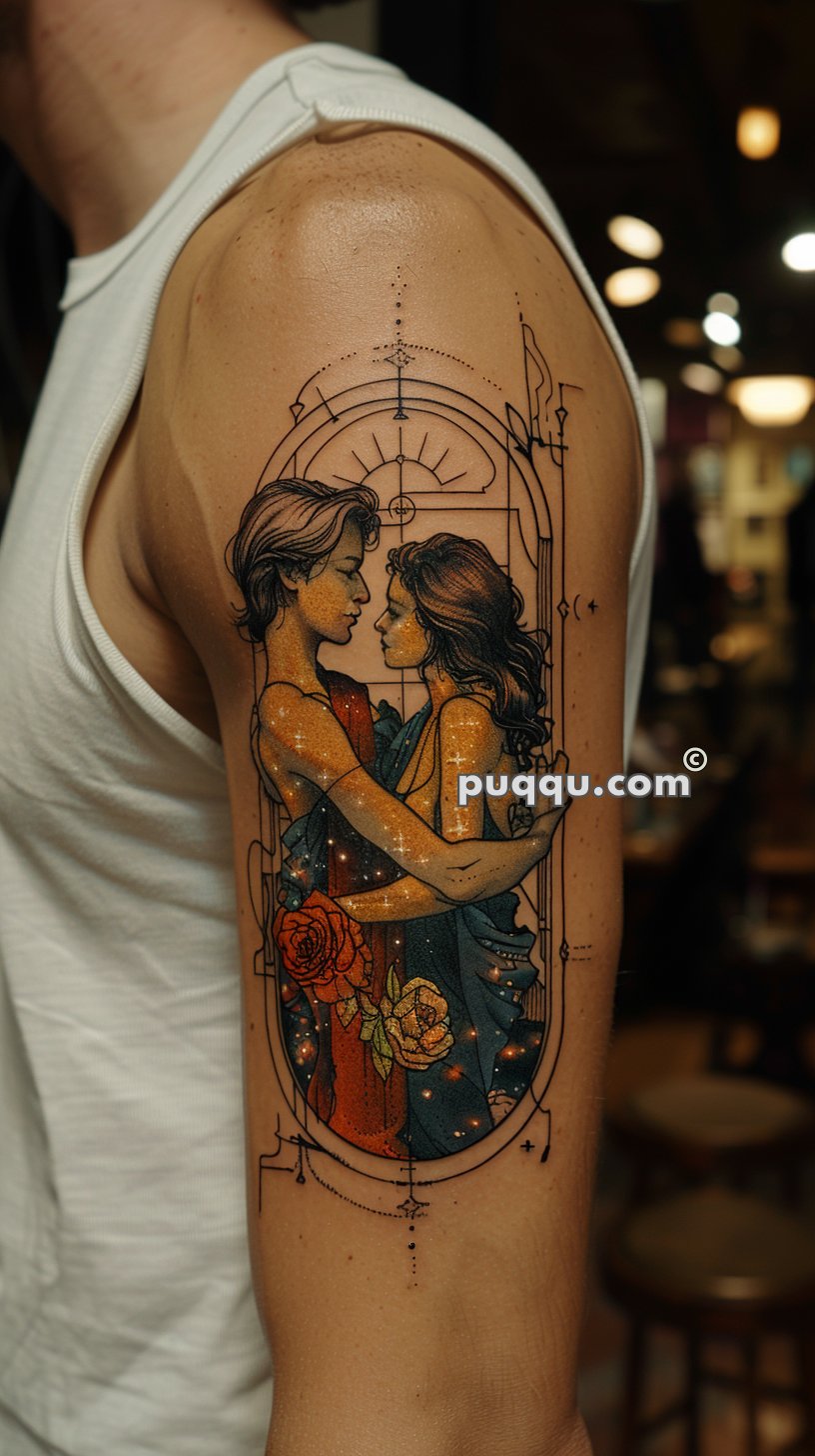 Tattoo of an embracing couple on a person's upper arm, with stars and flowers as part of the design, set within an ornate, geometric frame.