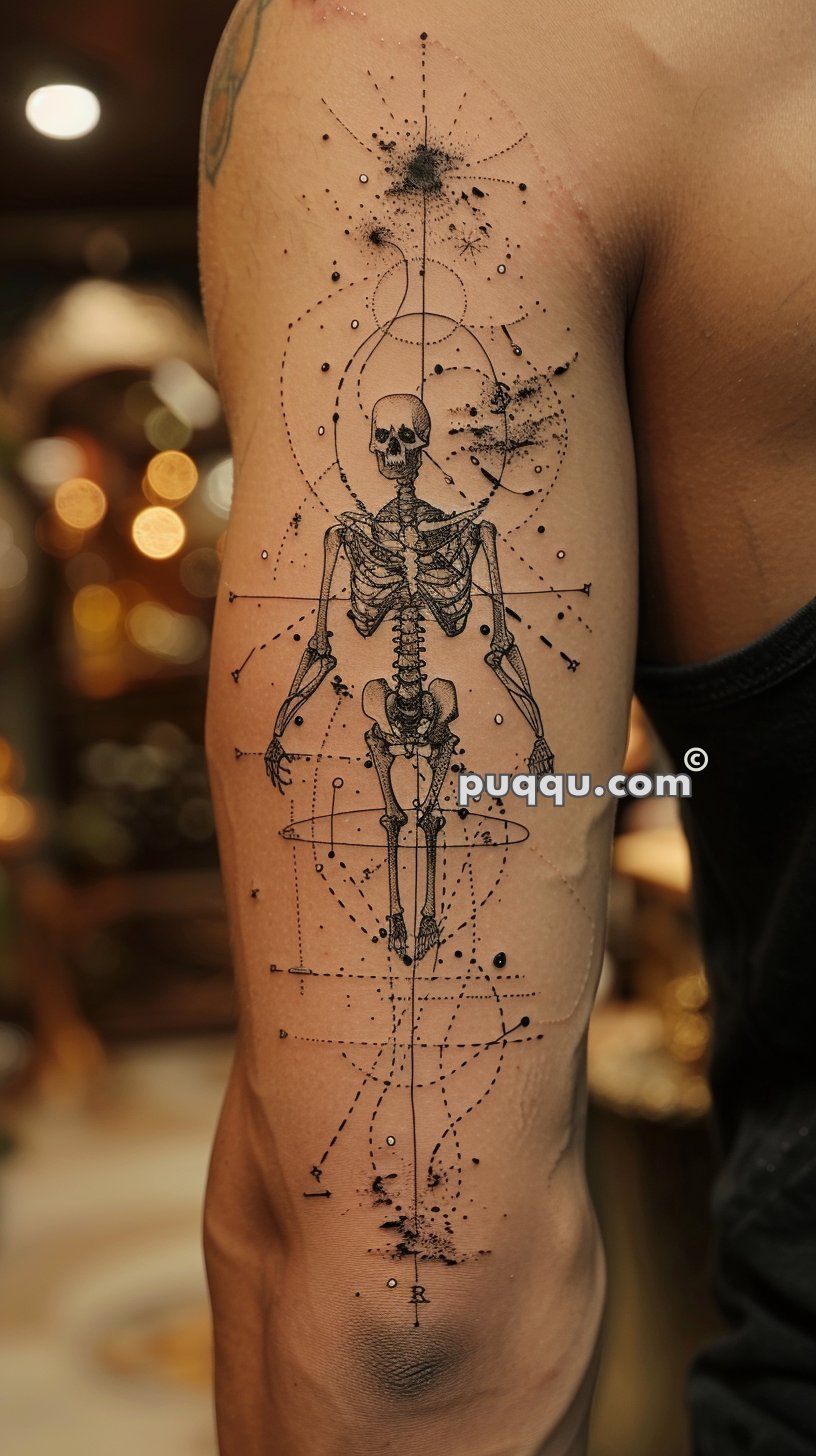 Intricate tattoo of a human skeleton with geometric patterns and celestial designs on an upper arm.