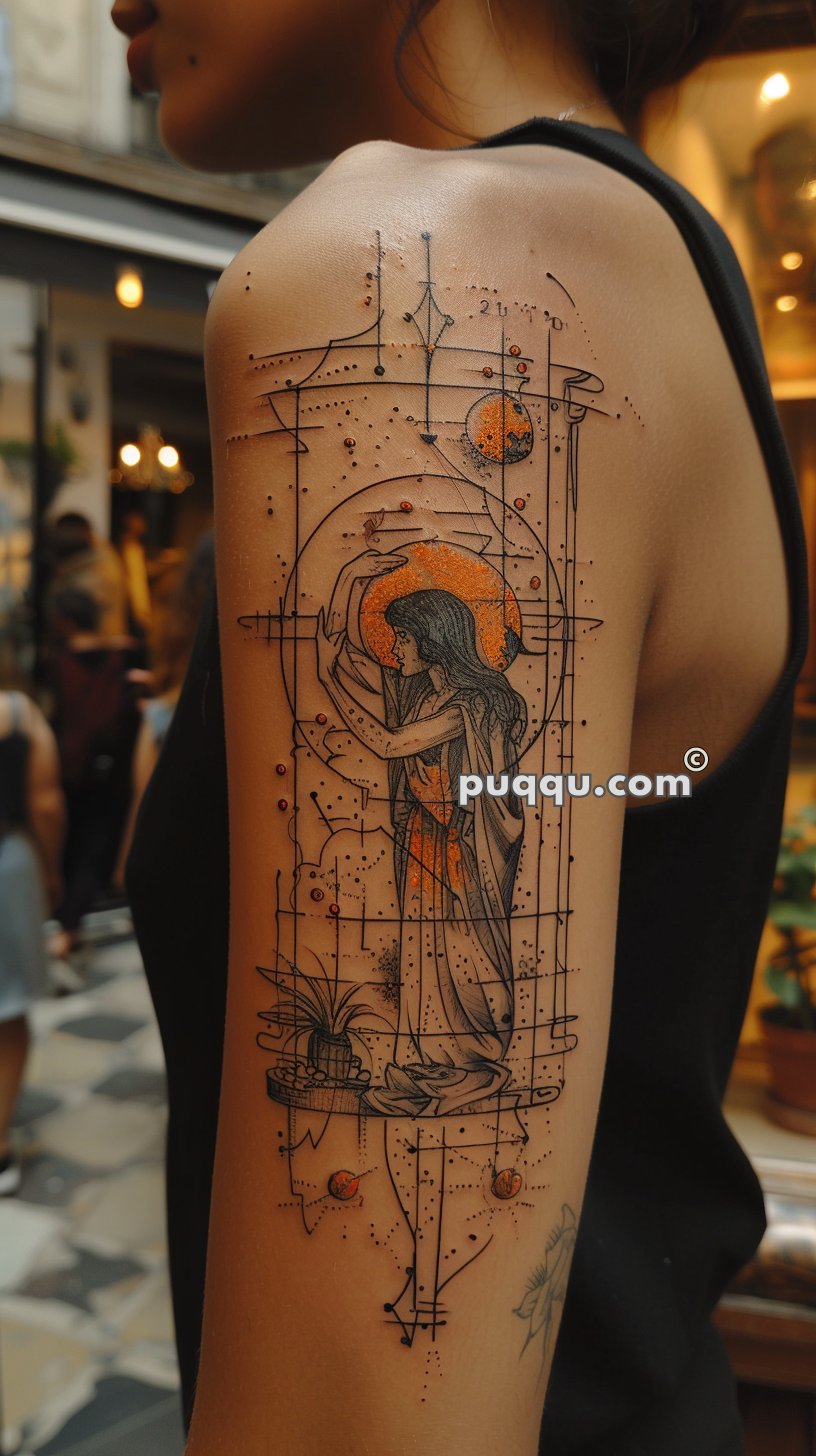 A tattoo on the upper arm featuring an intricate, line-drawn figure of a long-haired woman framed by geometric and celestial elements, with orange highlights.