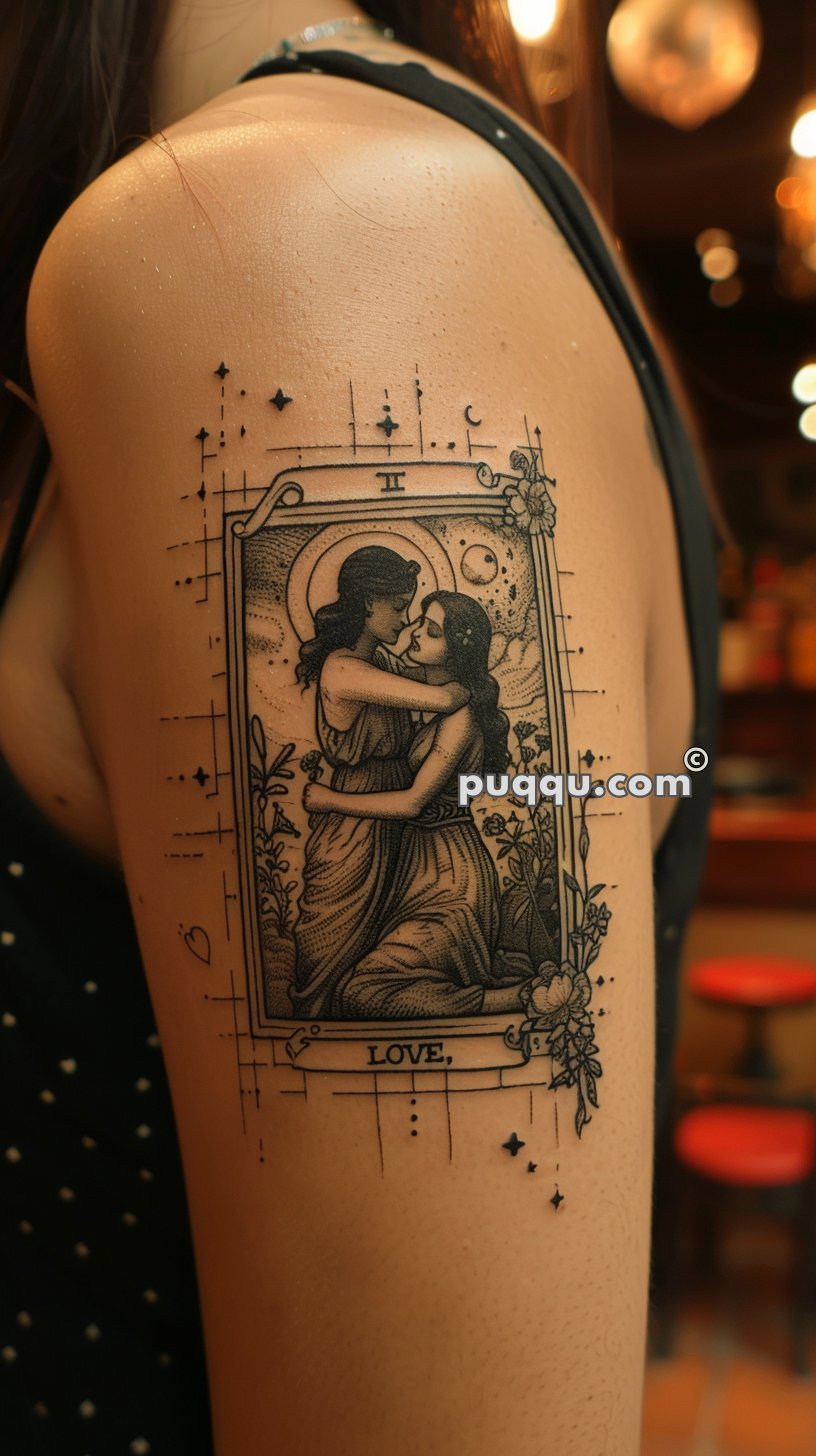 Tattoo of a tarot card with two women embracing and the word "LOVE" at the bottom on a person's upper arm.