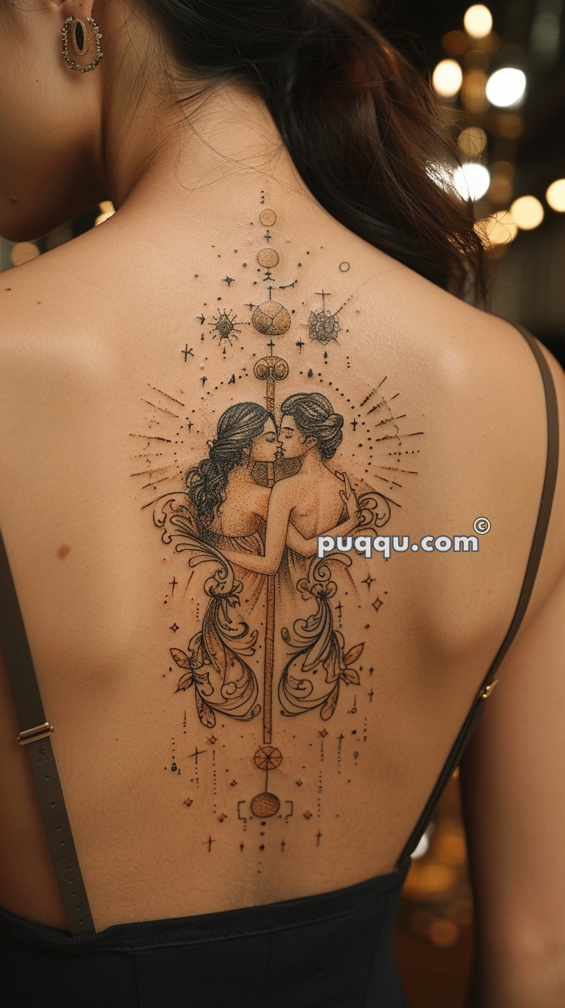 Detailed line art tattoo of two women kissing, surrounded by celestial symbols and ornamental designs, on the back of a woman wearing a black dress with spaghetti straps.