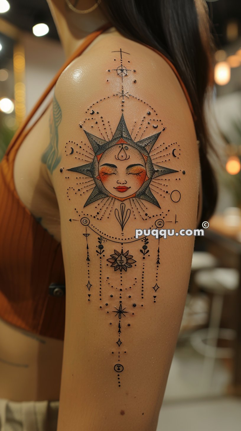 A detailed, colorful tattoo of a sun with a face, surrounded by geometric patterns, crescent moons, and lines of dots and symbols, located on a person's upper arm.